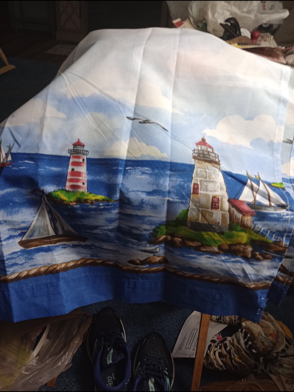 Nautical Lighthouse PrintCurtains- Blue, White, Red With valance.